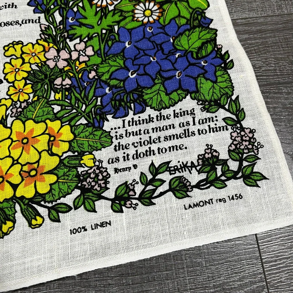 Vintage Lamont Shakespeares Flowers Linen Tea Towel Stratford-upon-Avon Erika